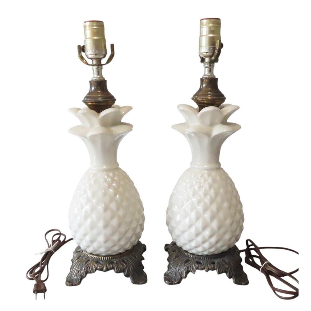Vintage Hollywood Regency Ceramic & Brass Pineapple Lamp(s) No Shade